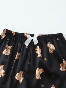 Women's Heart Bear Print Satin Long Sleeve Pants Pajama Set - Black - View 6