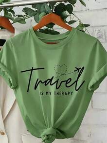 Women's Cotton T-Shirt, "Travel Is My Relax" Letter,Airplane & Heart Print,Loose Round Neck Short Sleeve Tee,Breathable For Summer Daily Wear - 橄欖綠 - 查看 12