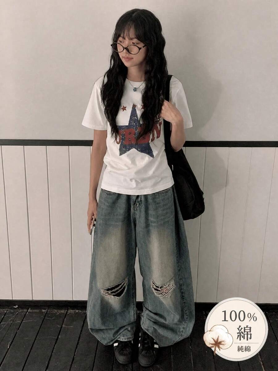 Y2K復古風女款夏季新款休閒純棉磨損五角星字母印花短袖T恤上衣 白色 - 白色 - 查看 1