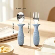 Baby & Toddler Silicone & Stainless Steel Tableware Set, Includes Spoon & Fork, With Silicone Handle, Anti-Choking Design - Multicolor - View 5