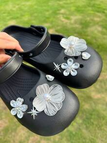 8pcs Pearl Flower Shoe Charms DIY Detachable Shoe Decorations ABS Rhinestone Shoe Accessories Suitable For Wooden Clogs Women Sandals Slippers Beach Shoes, Holiday Gift - Silver - View 2
