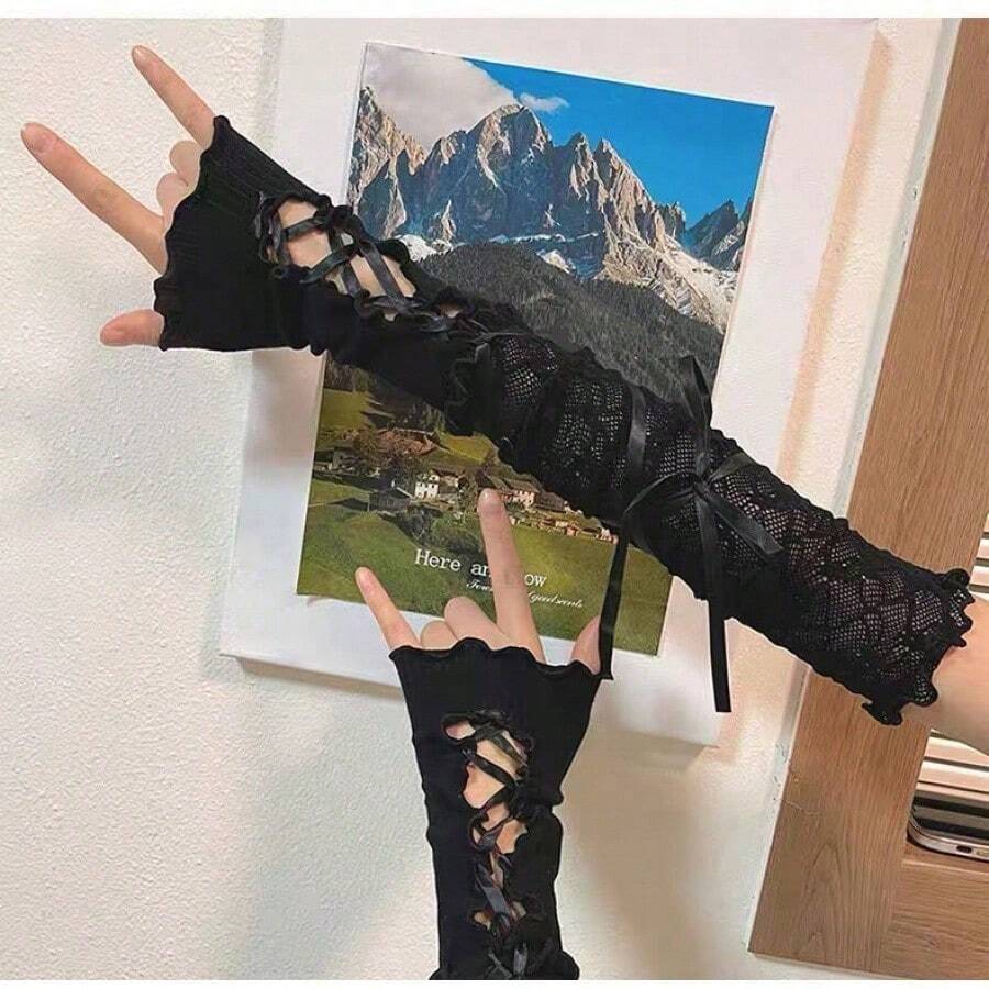 1Pair Y2K Ballet Style Lace Arm Sleeves, DIY Tie Design Ruffle Bow Lolita UV Protection Cuffs, Sweet JK Style For Daily Cosplay Party Matching - A Pair Of White Shoes With a Bow - View 1