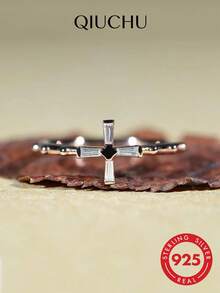 QIUCHU 1pc, S925 Sterling Silver, Niche Cross Ring, Vintage Fashion Ring, Versatile Commuter Ring, Daily Wear, Suitable For Women, Perfect Choice For Dates, Daily Gatherings, And Excellent Holiday Gift. Silver Net Weight: 1g~1.1g. - Gold - View 1