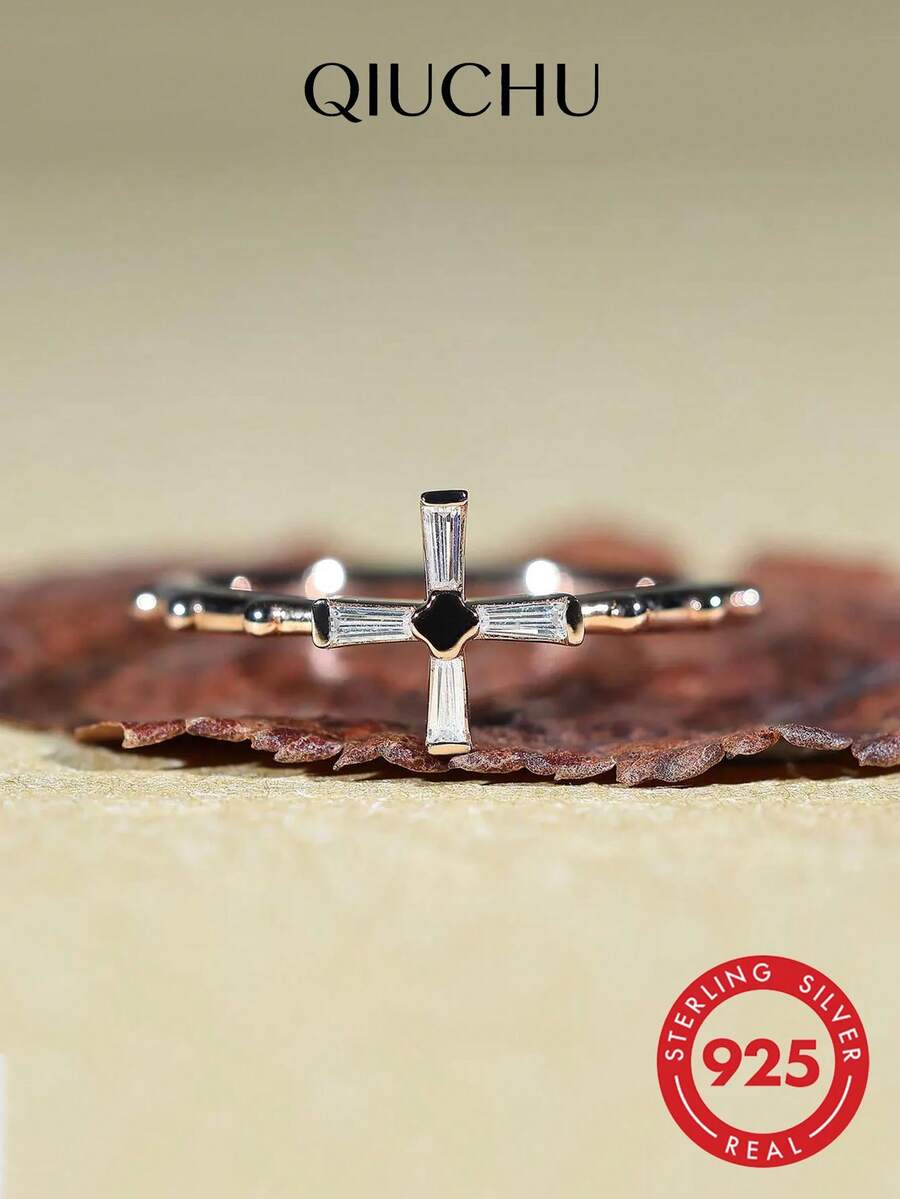 QIUCHU 1pc, S925 Sterling Silver, Niche Cross Ring, Vintage Fashion Ring, Versatile Commuter Ring, Daily Wear, Suitable For Women, Perfect Choice For Dates, Daily Gatherings, And Excellent Holiday Gift. Silver Net Weight: 1g~1.1g. - Gold - View 1