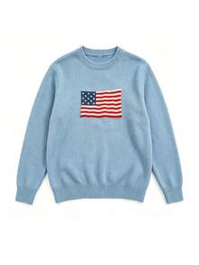 Sweater Wanita Terbaru untuk Hari Kemerdekaan, Leher Bulat, Warna Biru, Motif Bendera Amerika, Kerah Bergaris, Atasan Rajut Kasual Serbaguna untuk Pemakaian Sehari-hari - Biru - View 9