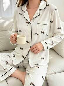 2pcs Women Loose Comfortable Breathable Long Sleeve Top And Long Pants Pajama Set - White - View 3