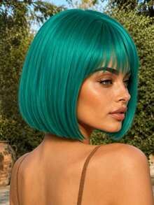 Women's 12 Inch Short Bob Wig, Synthetic Blue-Green Color, With Bangs, Glueless Bob Wig, Fashionable Elegant Versatile, Suitable For All Women Daily Wear, Party, Cosplay,Halloween - Cyan - View 4