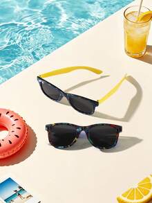 2 pièces/Set Lunettes de mode carrées pour enfants de 6 à 9 ans, montures imprimées de dessins animés multicolores, matériau PC, légères et décontractées, convenant aux activités de plein air, avec étui à lunettes - Multicolore - Voir 4