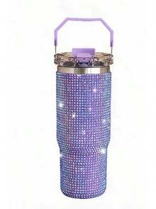 Full Bling Rhinestone Tumbler With Portable Carry Handle, Flip Straw Lid Stainless Steel Vacuum Insulated Sparkly Travel Iced Coffee Water Mug - 30oz Handheld Diamond Cup (Purple) - View 2