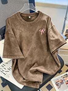 Women Vintage Washed Tee, 230G Thick Oversized Crew Neck Short Sleeve, Retro Street Loose Fit Casual Top For Spring Summer Machine Washable Daily Wear - 咖啡棕 - 查看 14