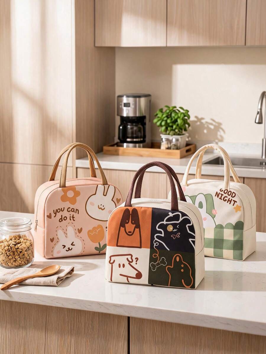 1pc Large Capacity Insulated Picnic Tote Bag, Cute Cartoon Leak-Proof Food Storage Bag, Reusable Waterproof Lunch Bag Suitable For Work And Travel