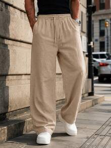 Men's Solid Color Drawstring Waist Casual Versatile Daily Travel Long Pants - Apricot - View 5