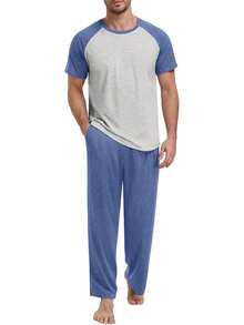 Men's Lightweight Pajama Set With Short Sleeve Top And Pants - Navy Blue-light Gray - View 1