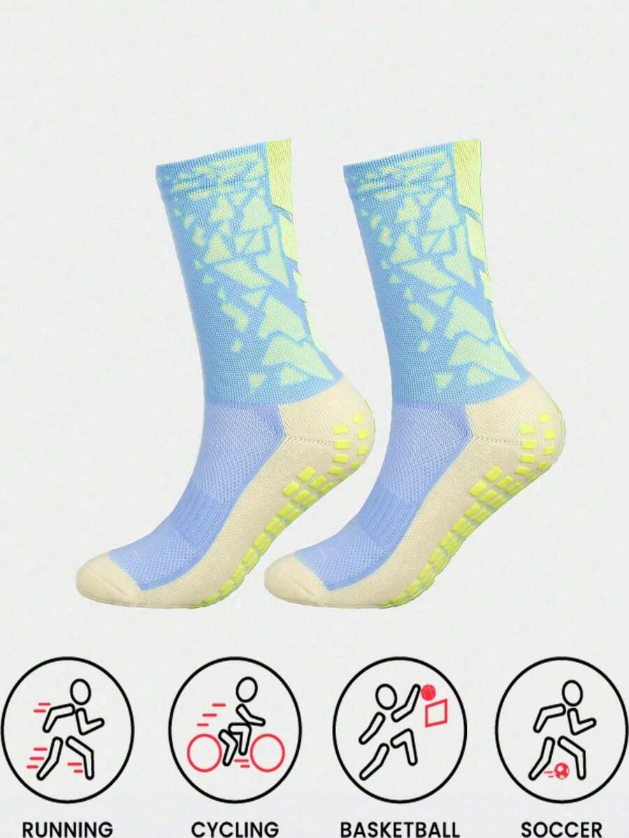 3双装男士圆点防滑透气吸汗防臭篮球、足球、跑步运动中筒袜 - 淺藍色 - 查看 1