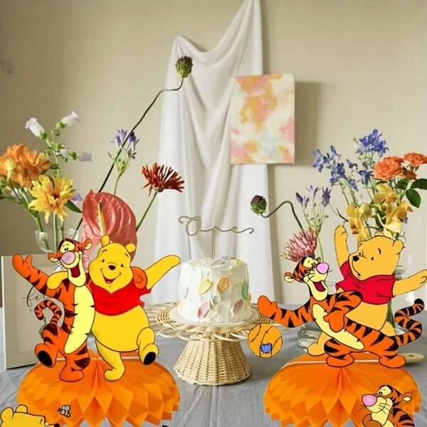Hasbro Birthday Party Decor Kit, 7pcs Honeycomb Table Centerpieces, Happy Birthday Letter Banner, Disposable Tablecloth, Classic Cartoon Bear Kids Baby Shower Table & Wall Decor Supplies