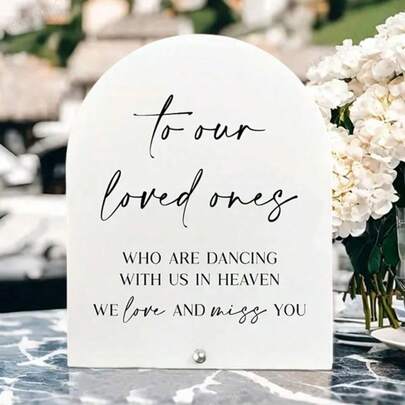1 pieza Letrero de boda de acrílico, Letrero conmemorativo de acrílico "Danza del Cielo", Favorito minimalista para boda y despedida de soltera, Mensaje grabado "Para nuestros seres queridos", Decoración de mesa en arco, Perfecto para recepción y eventos, Decoración de boda