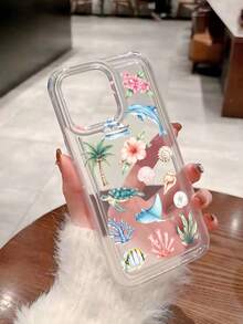 1件水彩海洋插畫透明手機殼，熱帶海洋生物印花保護套，含海龜、海豚、貝殼與棕櫚樹圖案，防震氣墊軟殼高級保護殼，透明防摔吸震TPU手機殼，適用於Apple 15/14/13/12/11/7/8/16/17/Air/17pro/17promax及其他機型，夏季海灘度假風手機殼，時尚夏季配件 - 彩色 - 查看 1