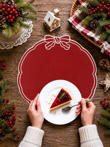 4pcs Red Christmas Linen Placemats, Red Bow Design, 38cm Diameter Round Table Mats, Holiday Party Table Decor, Holiday Tabletop Accessories, Home Kitchen Decoration, Merry Christmas Decoration - Christmas a - View 7