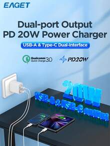 EAGET Củ sạc 20W 2 cổng USB-A QC3.0 + USB-C PD sạc nhanh, sạc đồng thời 2 thiết bị cho điện thoại và máy tính bảng - trắng - Xem 2