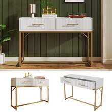 Dressing Table 100 X 45 X 76.5 Cm With 2 Drawers, White Vanity Table With Gold Handles And Ribbed Design, Bedroom Storage Cabinet Sideboard - White - View 4