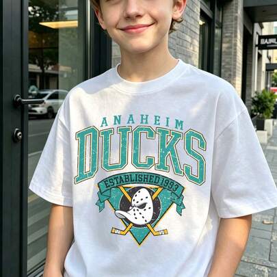 Vintage Anaheim Ducks Est 1993 Ice Hockey Kids T-Shirt, Distressed Duck Mask Hockey Stick Logo Graphic White Boys Sports Short Sleeve Tee
