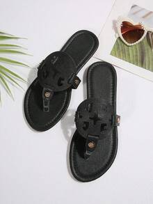 Women's Flat Square Toe Casual Slide Sandals, Summer Beach Vacation Essential, Solid Color Bohemian Beach Holiday Slippers - Black - View 7