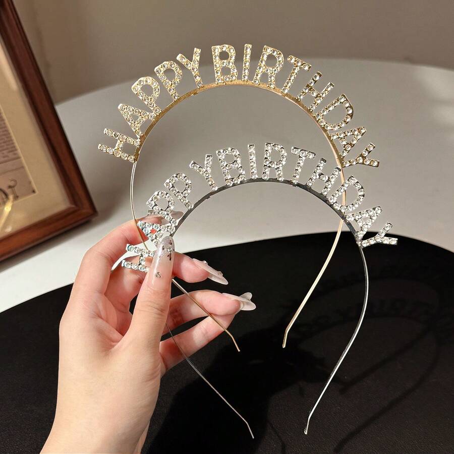 2 Colors Sequin Birthday Headband, Shiny Crystal Letter Birthday Crown, Headband, Lightweight Metal Hairband, Suitable For Women To Wear At Birthday Parties, Photo Shoots Or Celebration Occasions - Multicolor - View 1