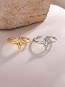 1Pc Smooth Cross Star Open Rings, 18K Gold Plated Stainless Steel Ring, Minimalist Women Jewelry For Daily Holiday Gift - Multicolor - View 5