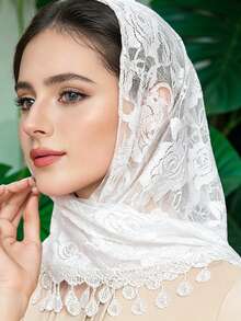 White Floral Lace Hijab With Teardrop Tassels, Soft Breathable Floral Pattern Lace Headscarf, Elegant Muslim Women Modest Head Wrap, Lightweight See-T - Beige - View 1