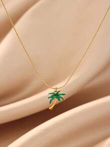 1pc Or 1set Stainless Steel Palm Tree Necklace & Ring, Unisex, 18K Gold Plated Coconut Tree Ring & Necklace, Plant Pendant Jewelry - Style 3 - View 10