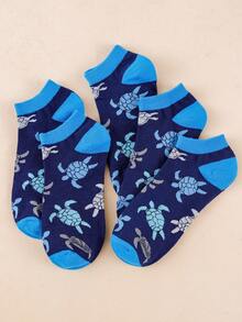 1/5 pares de calcetines cortos de corte bajo para hombre con estampado de tortuga azul marino, diseño de bloques de color de animales marinos, transpirables y absorbentes de humedad, calcetines casuales de corte bajo - Multicolor - Ver 2