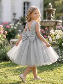Young Girl Pearl Decor Bow Back Deep V Party Dress, Suitable For Birthday Party, Gift, Evening Gala, Dance, Holiday Celebration, Wedding Flower Girl Dress - Grey - View 4