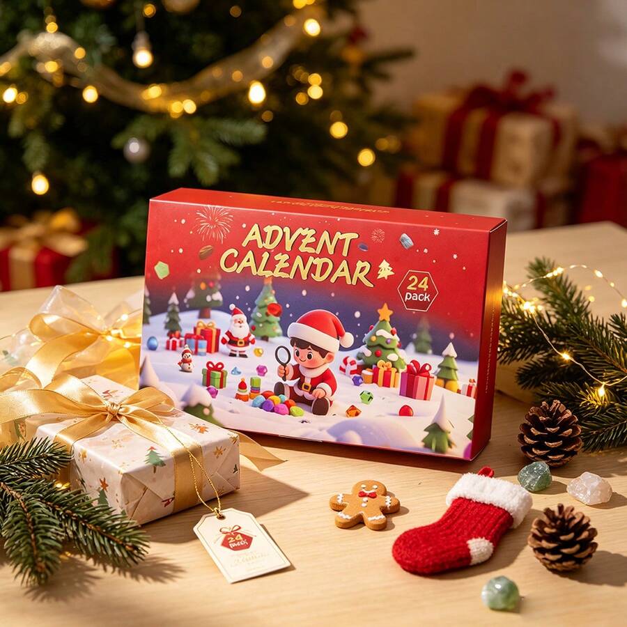 24-Day Christmas Countdown Advent Calendar With 24 Natural Raw Crystal Gemstones, Rock Mineral Specimen Assortment, DIY Collectible Educational Scienc - Christmas Countdown Box - View 1