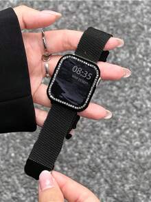 2pcs Black Unisex Fashion Milanese Watch Band + Protective Case, Compatible With Apple Watch 44/40/41/45/42/46/38mm Ultra 2 49mm, Magnetic Metal Watch Chain, Luxury Stainless Steel Watch Band, Compatible With Series 11 10 9 8 7 SE 6 5 4 3 2 1, Fashionable Smart Watch Band Chain Strap Accessories Compatible With Apple Watch, Smart Watch - Black - View 3