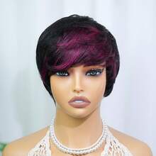 Elastic Net Machine Made Wig Short Pixie Cut Human Hair 6inch 150% Density Brazilian Virgin Straight Layered Hair Ready To Wear For Women Color 1B/99J For Daily Wear - S1B/99J - 查看 3