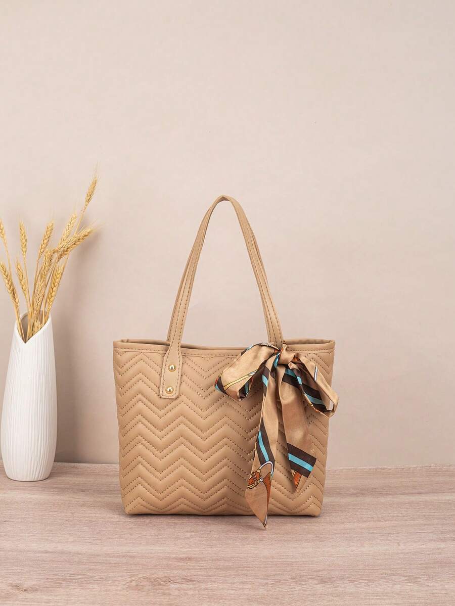 1pc Quilted Diamond Embroidered Large Capacity Lightweight Versatile Commuter Tote Bag With Scarf Decoration - Khaki - View 1