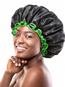 1pc Extra Large Women's Black & White Shower Cap, Double Layer PEVA Hair Cap, Shower Accessories - View 6
