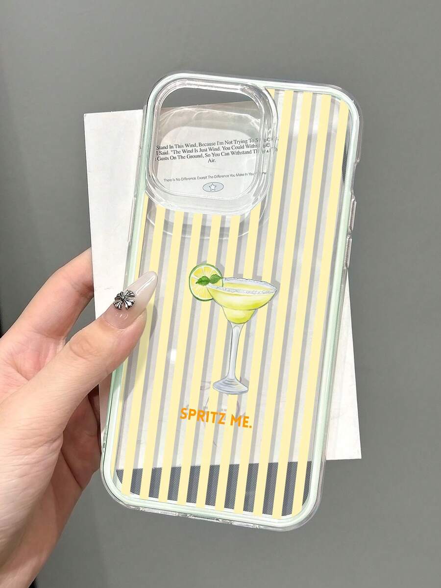 1pc Fresh Striped Orange Slice Wine Glass Slogan Pattern Colorblock 3-In-1 Green Soft Phone Case Compatible With IPhone 11/12/13/14/15/16 Pro Max - Multicolor - View 1