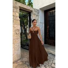 Summer New European And American Pure Color Strapless Pleated Sleeveless Dress - 咖啡 - 查看 2