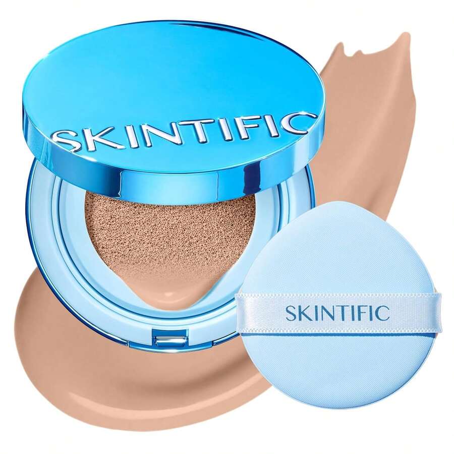SKINTIFIC 藍色絲絨霧面氣墊粉底液，全遮瑕，12小時控油，適合油性與混合肌膚，防水，持久，輕盈，保濕，不卡粉