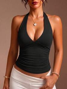 Black Deep V-Neck Spaghetti Strap Women's Tank Top, Sexy Y2K Style Fashion Fitted Ruched Design Backless Camisole Top For Date And Party - Black - View 1