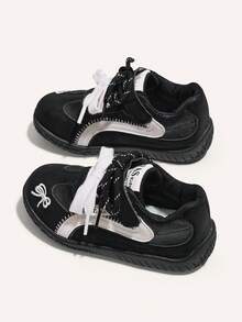 Bow Embroidery Kids' Sports Shoes, Colorblock Dual Laces & Hook And Loop Casual Training Sneakers - Black - View 7