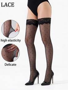 20D/70D 1 Paar Damen Spitzen rutschfeste Silikon elastische atmungsaktive transparente Valentinstag limitierte sexy elegante Spitzen Mode Overknee Socken (Polka Dot/Rücknaht Jacquard), mit rutschfestem Silikon, sexy rutschfeste enge Socken, schlankmachende vielseitige Socken, geeignet für Party, Urlaub, Alltag - Schwarz - Übersicht 4