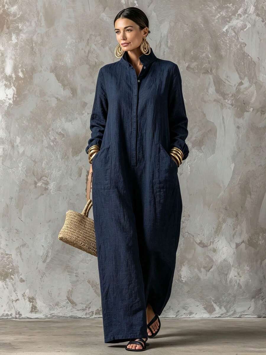 Summer Casual Dress New Arrival Solid Color Lapel Collar Button Front Long Sleeve Loose Dress With Side Pockets - 藏青色 - 查看 1