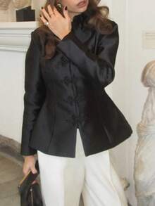 Elegant New Chinese Style Stand Collar Frog Button Long Sleeve Cinched Waist Satin Jacket (With Shoulder Pads) Solid Color For Daily Wear And Dating - Black - View 4
