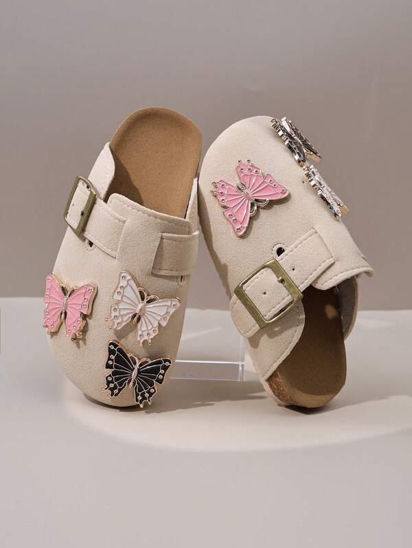 1 Pair Girls Beige Butterfly Decor Non-Slip Closed-Toe Buckle Flat Sweet Style Mule Shoes Spring Summer