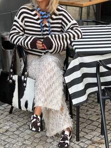 Cardigan Rajut Bergaris Wanita, Sweater Lengan Panjang Panjang Standar, Cocok untuk Musim Gugur/Musim Dingin, Atasan Gaya Vintage Leher Bulat dengan Kancing Depan - Hitam - View 3