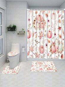 1/4pcs Thanksgiving Autumn Harvest Pink Maple Leaf Pumpkin Shower Curtain Set, With 12 Hooks Waterproof Polyester Shower Curtain, Bathroom Curtain, Privacy, Thickened, Durable Quick Dry - A - View 8
