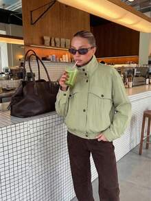Women's Solid Color Lined Funnel Neck Button Casual Elegant Fashion Commute Street Style Autumn/Winter Jacket - Green - View 3