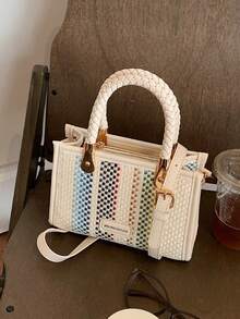 Fashionable Vacation Style Colorful Striped Handbag Women's New Woven Handle Niche Shoulder Crossbody Bag Mini Square Bag - A - View 2
